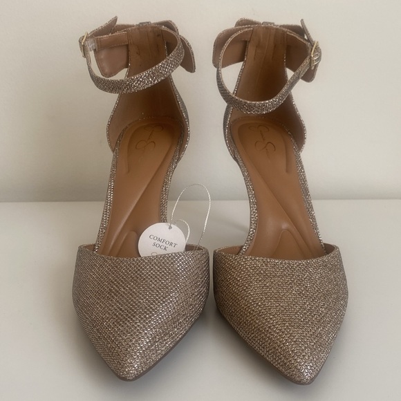 Jessica Simpson Lana High Heels Sz 9 Double Bow Ankle Strap Glittery Gold Pumps - Picture 5 of 15